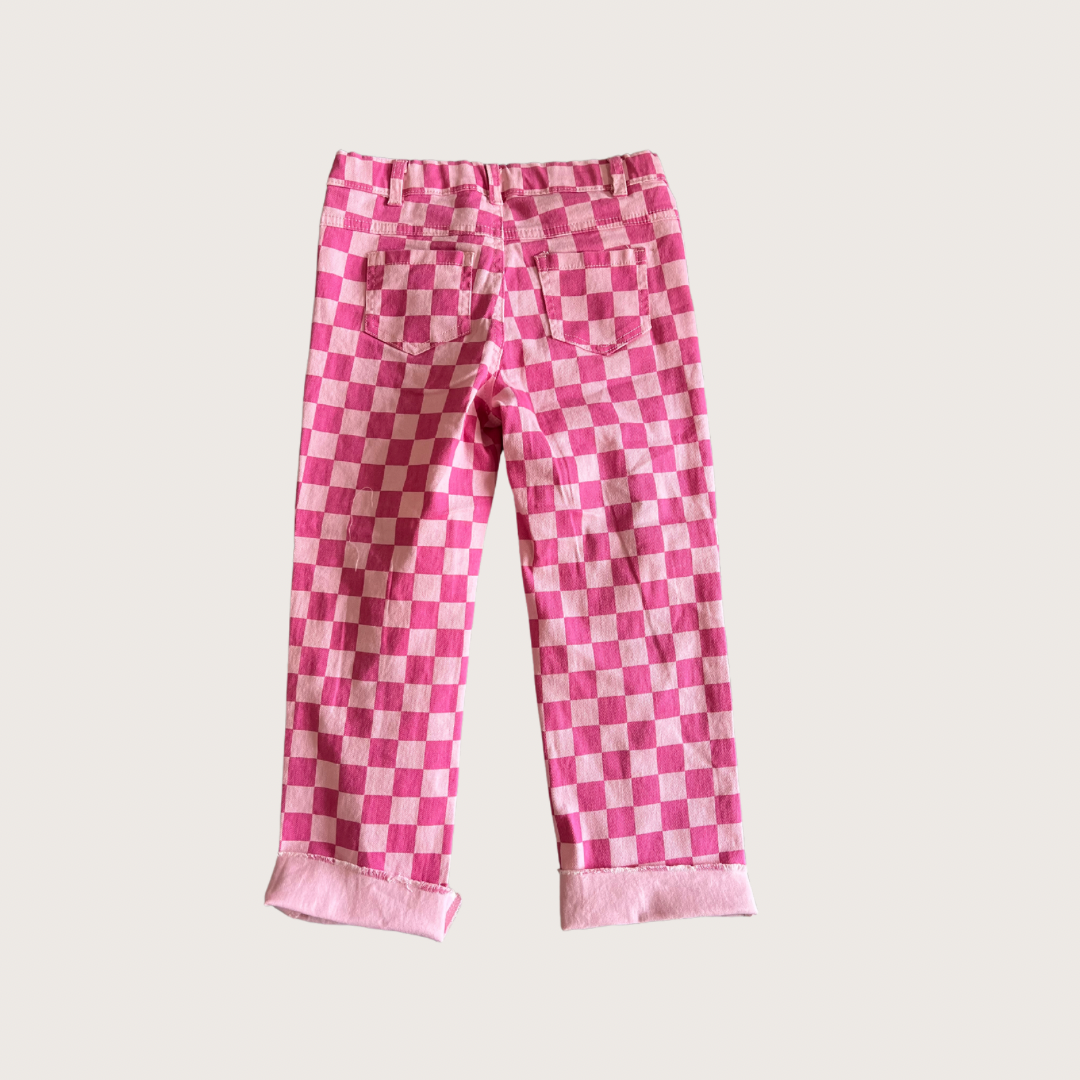 DISTRESSED PINK CHECKERED JEANS