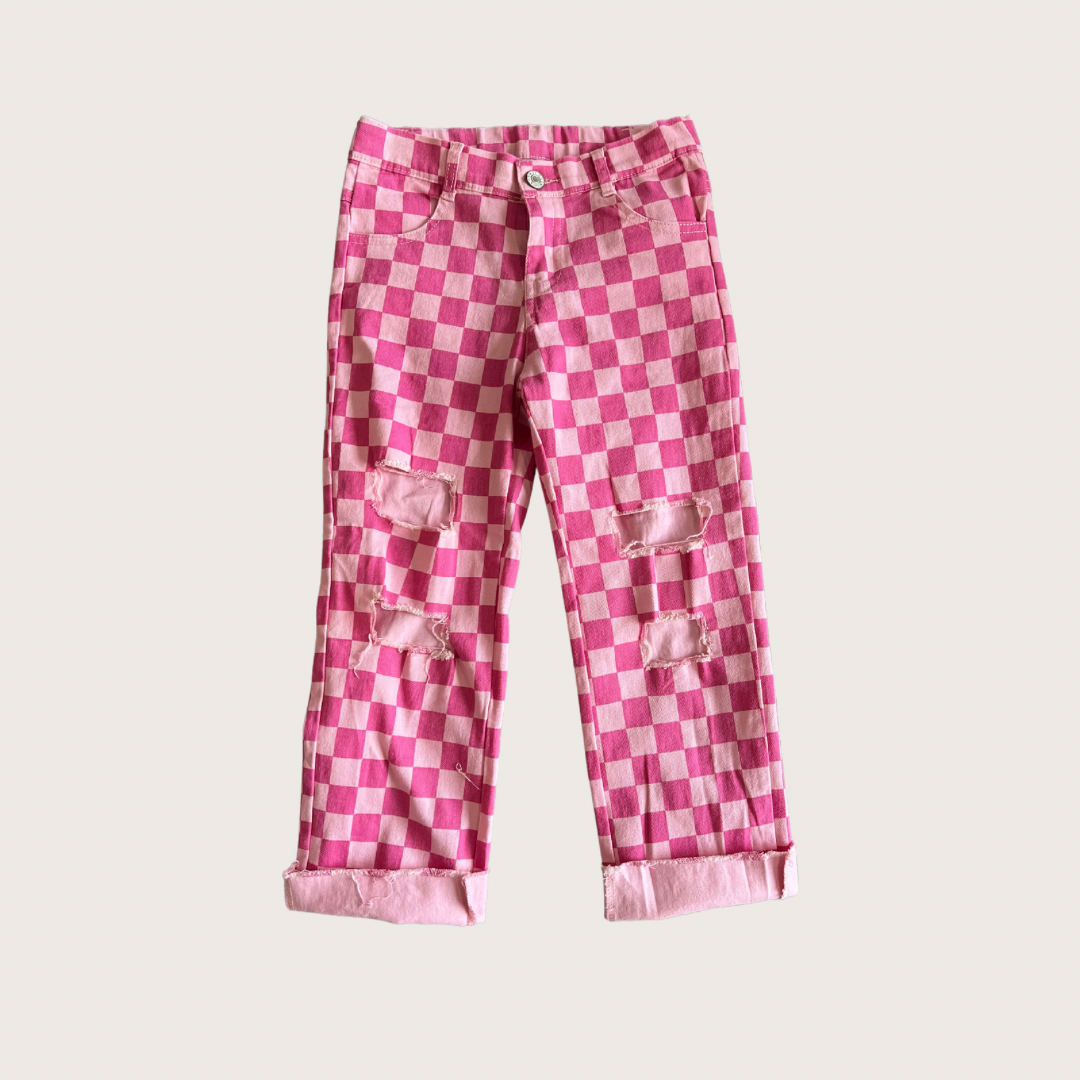 DISTRESSED PINK CHECKERED JEANS