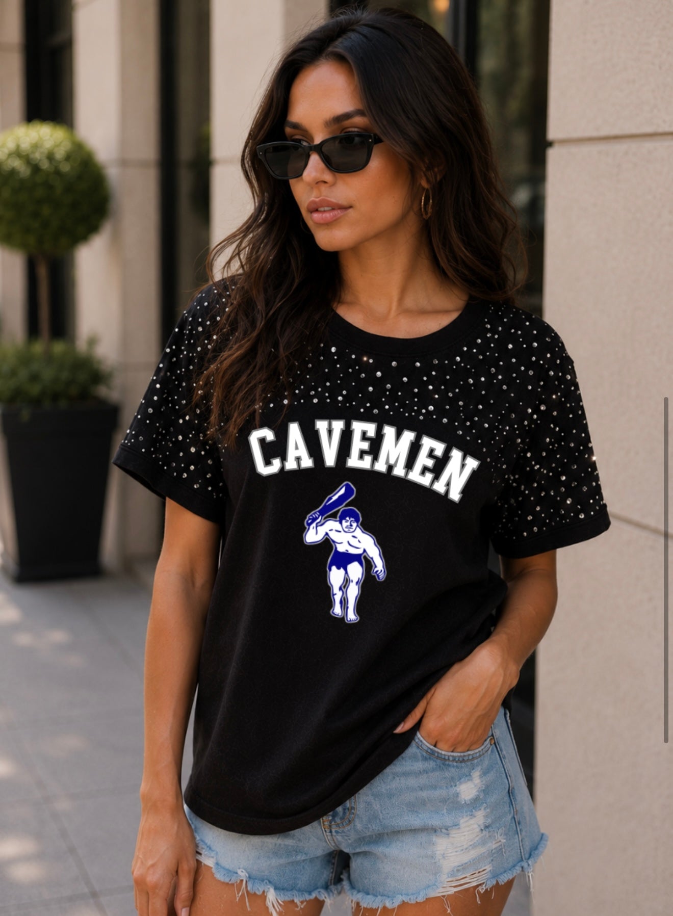 Black Rhinestone Cavemen Tee