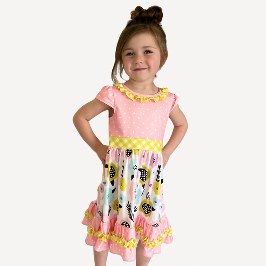 Kids Peach & Green Floral Spring Dress