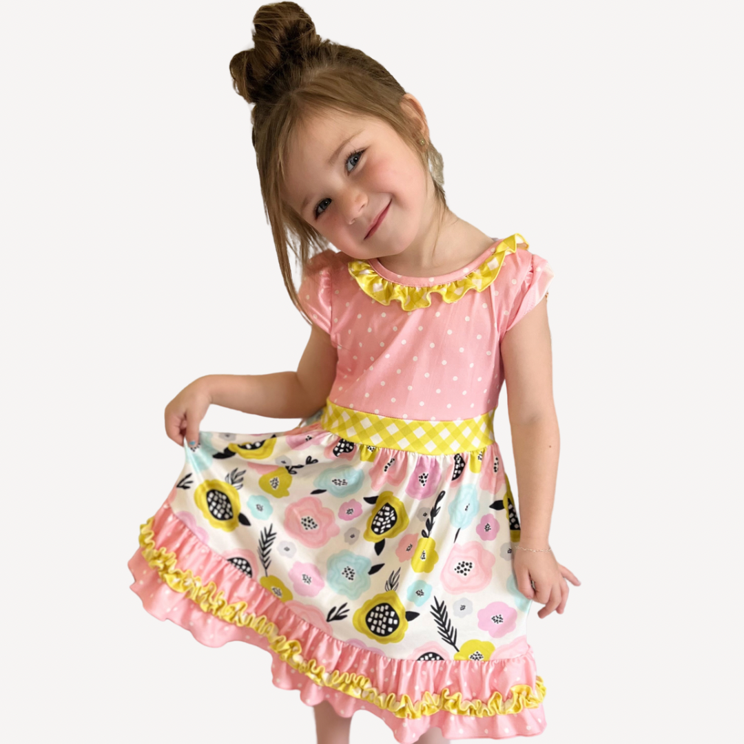 Kids Peach & Green Floral Spring Dress